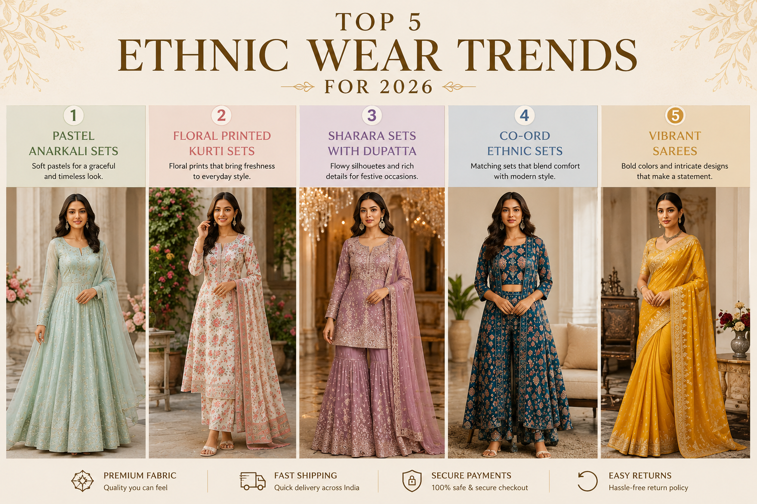 Top 5 ethnic wear trends for 2026 featuring pastel Anarkali sets, floral printed kurtis, designer sharara sets, modern co-ord outfits, elegant sarees, and stylish lehenga fashion for women.