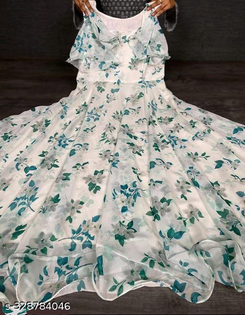 Anveri Stylish Women’s Floral Printed Net Gown with Puff Sleeves