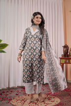 ANVERI TEXTILE COTTON V NECK THREE FOURTH SLEEVE THREE PIECE