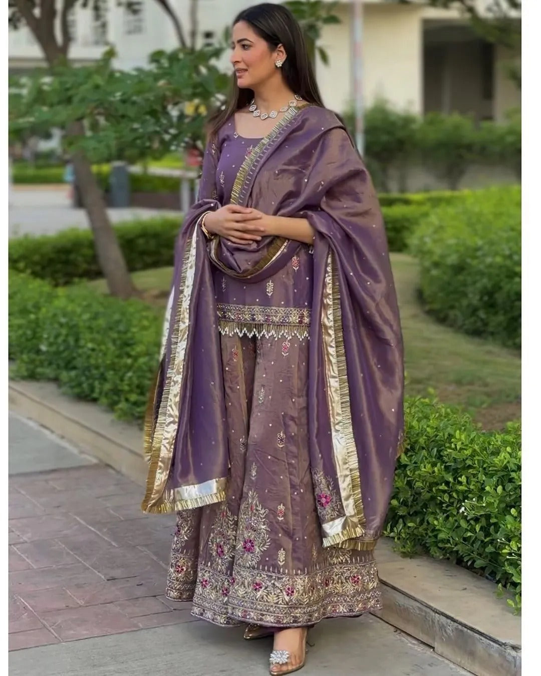 Anveri  Textiles Purple Net Embroidered Kurti Sharara Dupatta Set for Women – Round Neck, 3/4th Sleeves, Above Knee Length Kurta – Ethnic Party Wear Dress Ensemble