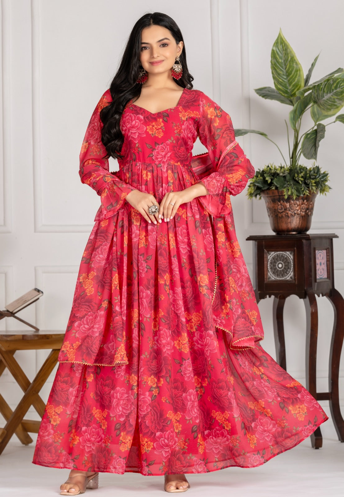 Elegant Floral Red Georgette Anarkali Gown for Women
