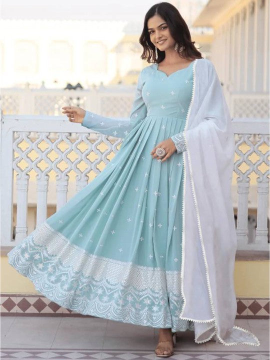 Pastel Blue Embroidered Anarkali with White Dupatta