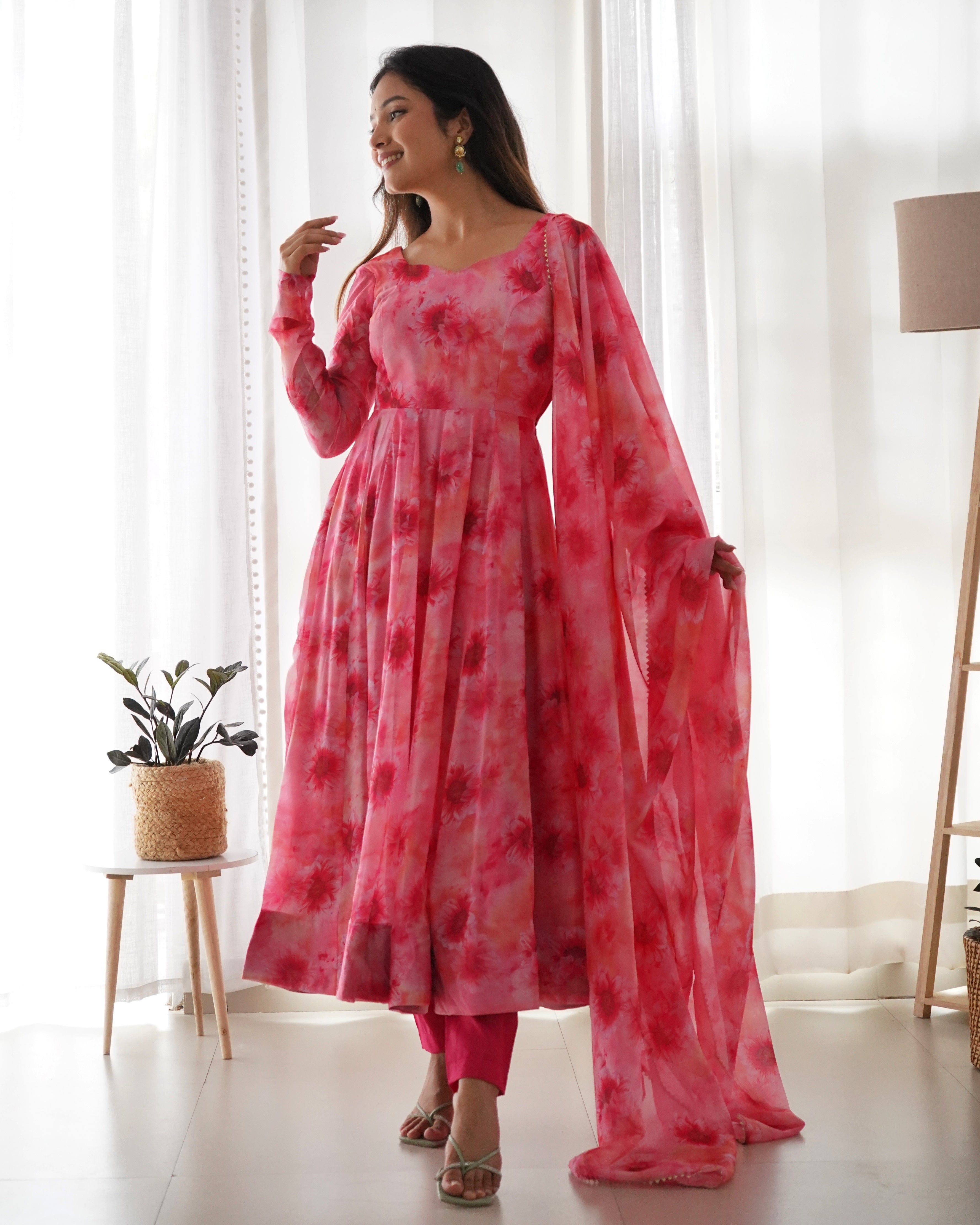 Pure Soft Organza Gown With Huge Flair, Dupatta & Pant