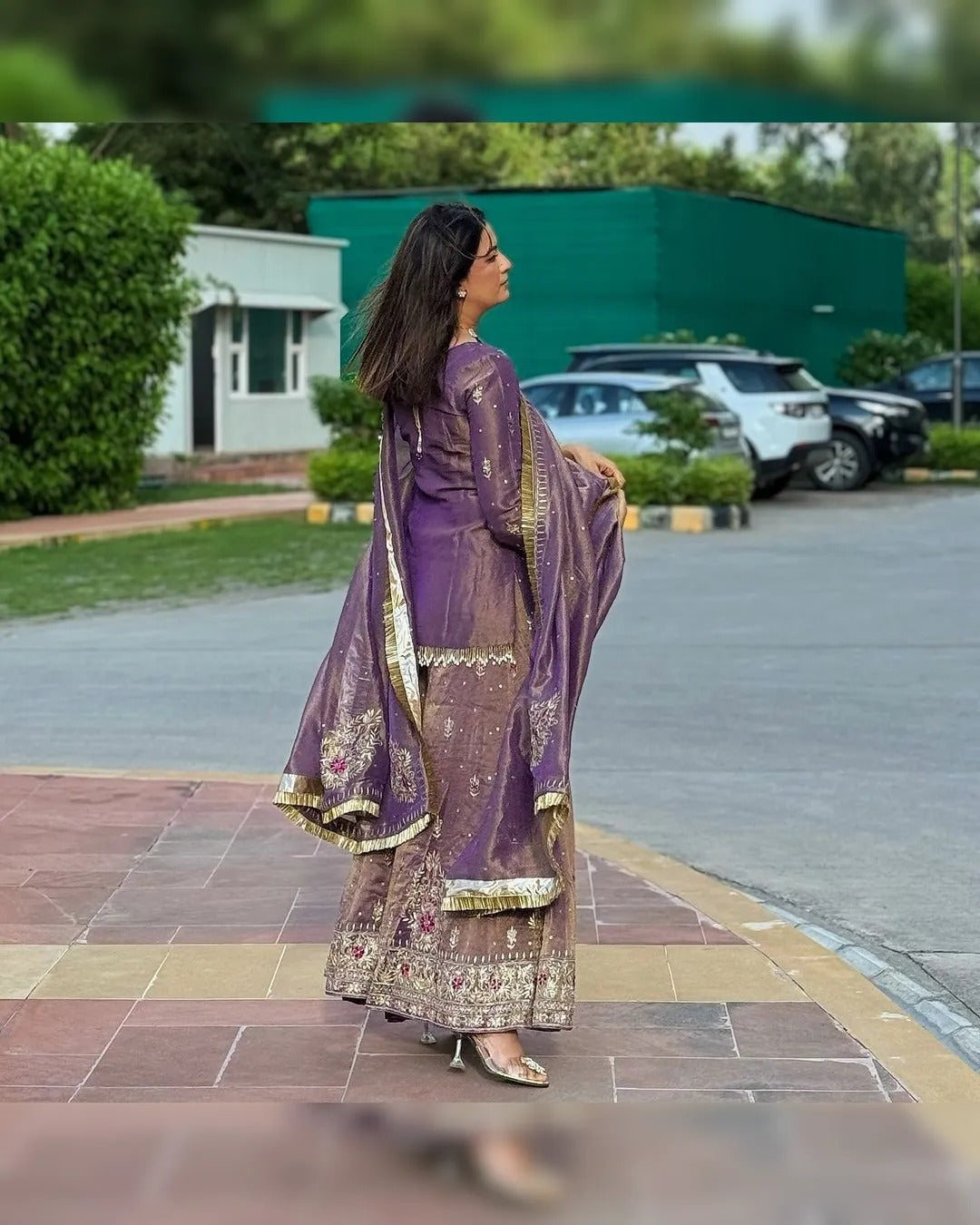 Anveri  Textiles Purple Net Embroidered Kurti Sharara Dupatta Set for Women – Round Neck, 3/4th Sleeves, Above Knee Length Kurta – Ethnic Party Wear Dress Ensemble
