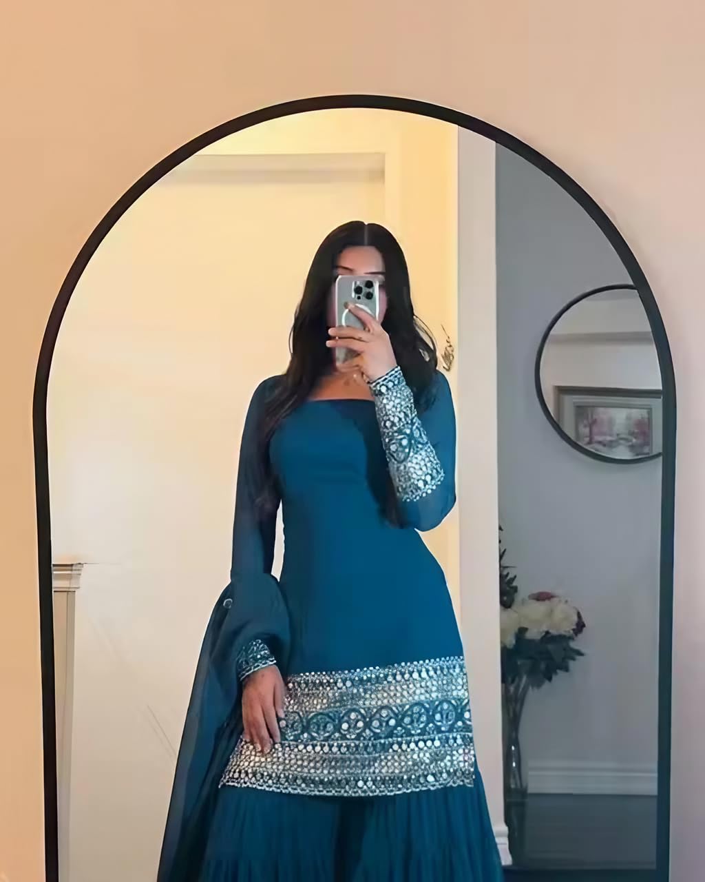 Anveri Women Solid Teal Kurta Palazzo Set with Dupatta | Embroidered Party Wear Ethnic Suit