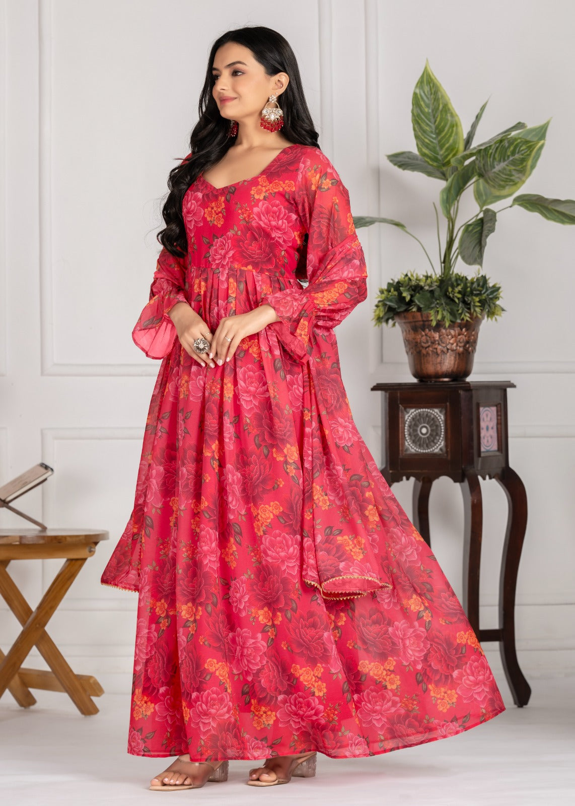 Elegant Floral Red Georgette Anarkali Gown for Women