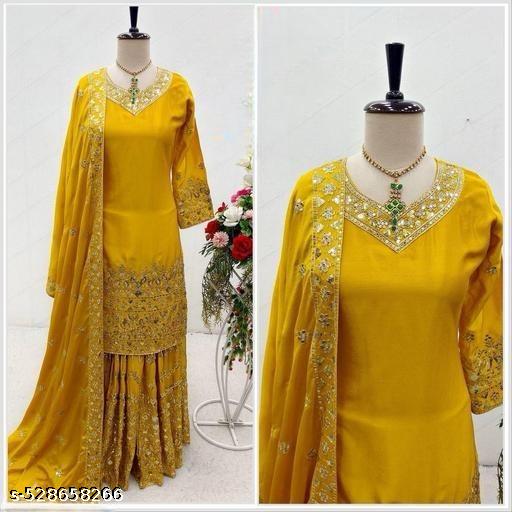 Elegant Embroidered Yellow Kurta Sharara Set with Dupatta for Women