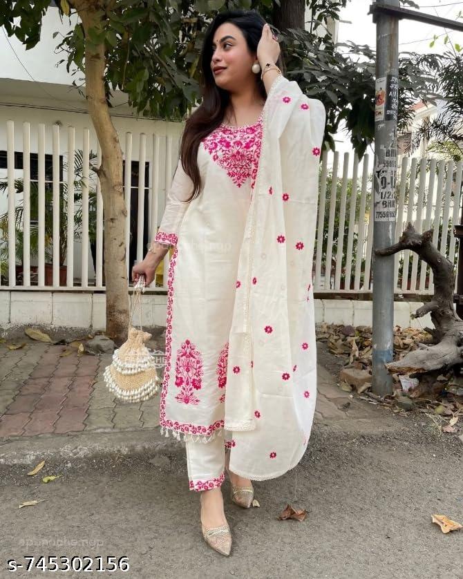 Anveri Women Cream & Pink Floral Embroidered Kurta Set with Dupatta | Ethnic Wear Straight Kurta Pant Set for Festive, Party & Daily Wear