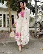 Anveri Women Cream & Pink Floral Embroidered Kurta Set with Dupatta | Ethnic Wear Straight Kurta Pant Set for Festive, Party & Daily Wear