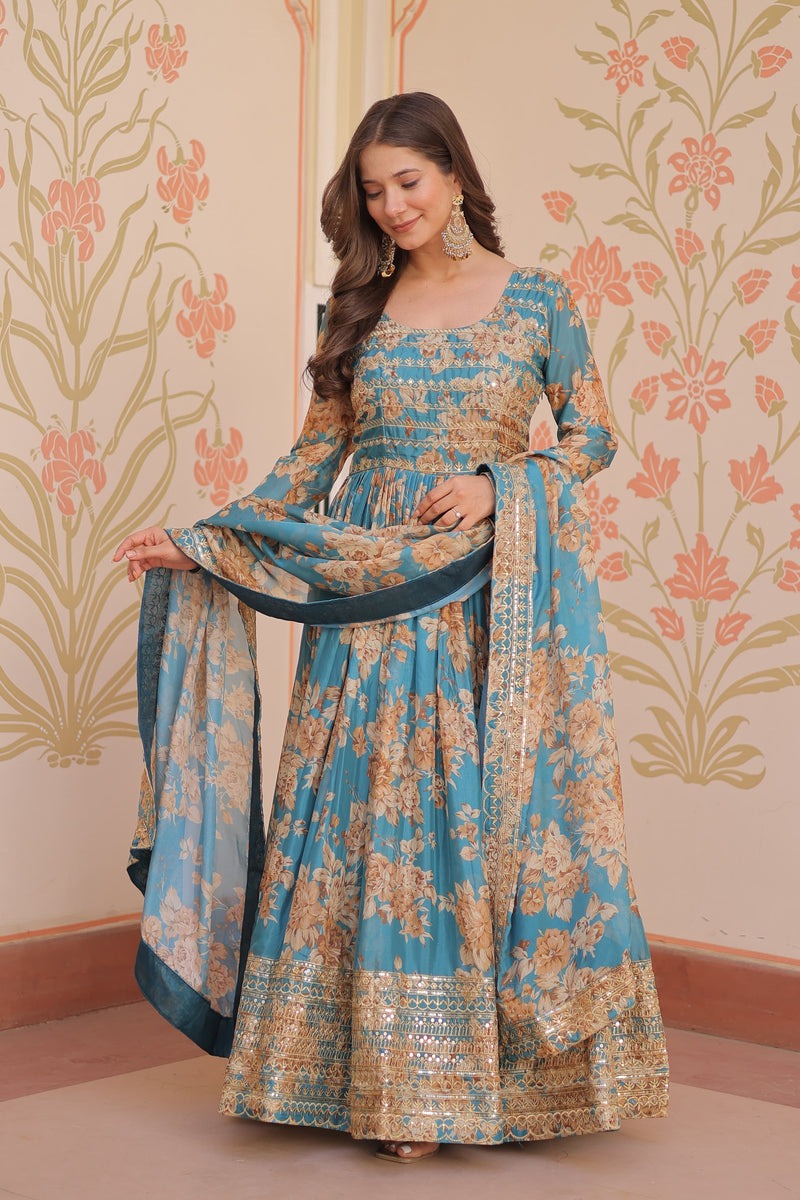 Women Floral Printed Anarkali Gown with Dupatta | Ethnic Festive Wear Long Flared Dress for Wedding, Party & Festival