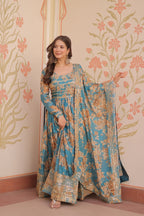 Women Floral Printed Anarkali Gown with Dupatta | Ethnic Festive Wear Long Flared Dress for Wedding, Party & Festival