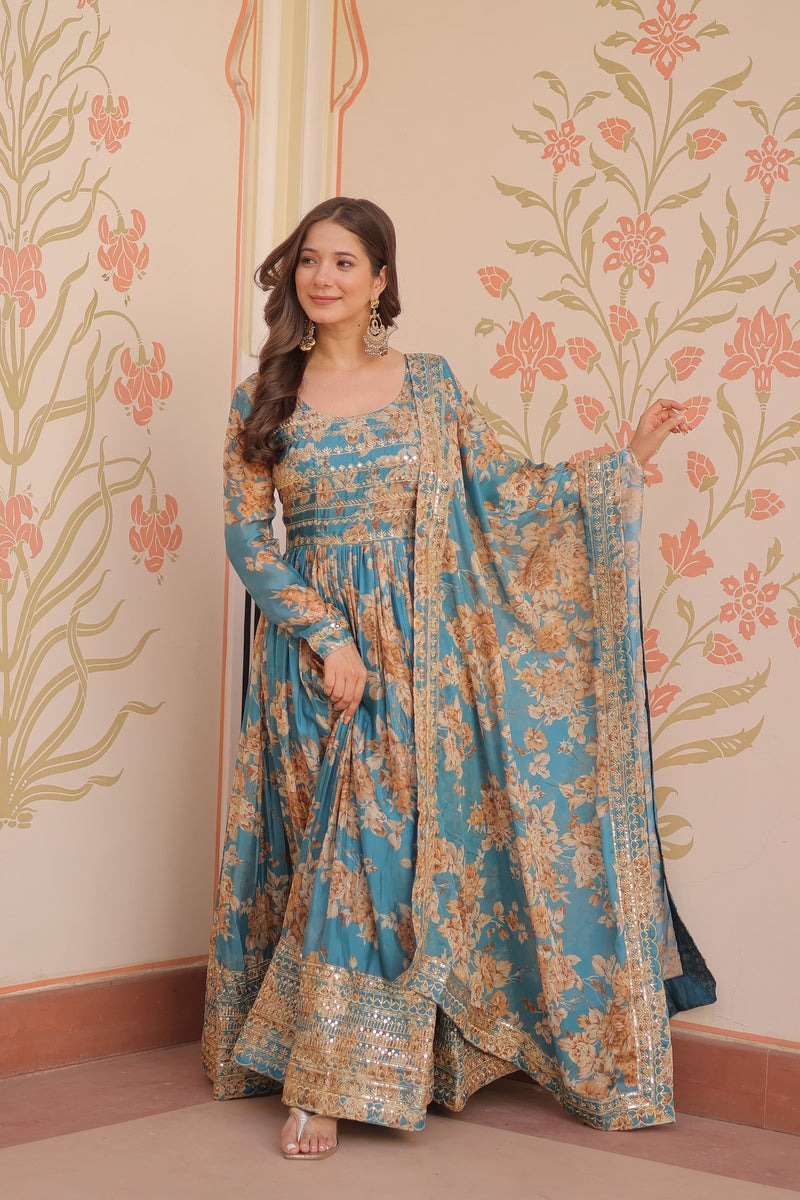 Women Floral Printed Anarkali Gown with Dupatta | Ethnic Festive Wear Long Flared Dress for Wedding, Party & Festival
