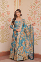 Women Floral Printed Anarkali Gown with Dupatta | Ethnic Festive Wear Long Flared Dress for Wedding, Party & Festival
