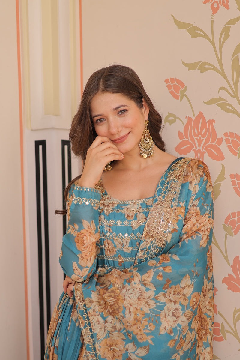 Women Floral Printed Anarkali Gown with Dupatta | Ethnic Festive Wear Long Flared Dress for Wedding, Party & Festival