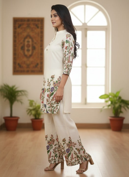 Anveri Textiles Women Off White Floral Printed Kurta Palazzo Set | Ethnic Wear Kurti Set for Women | Festive, Office & Daily Wear
