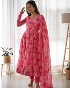 Pure Soft Organza Gown With Huge Flair, Dupatta & Pant