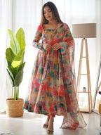 Women’s Floral Printed Anarkali Gown with Dupatta | Elegant Georgette Floor-Length Ethnic Dress for Festive & Wedding Wear