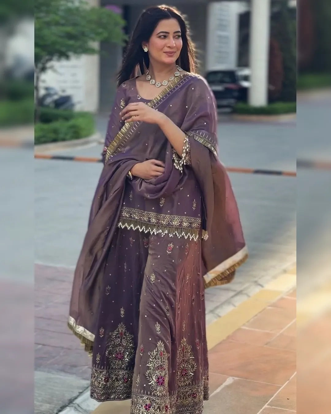Anveri  Textiles Purple Net Embroidered Kurti Sharara Dupatta Set for Women – Round Neck, 3/4th Sleeves, Above Knee Length Kurta – Ethnic Party Wear Dress Ensemble