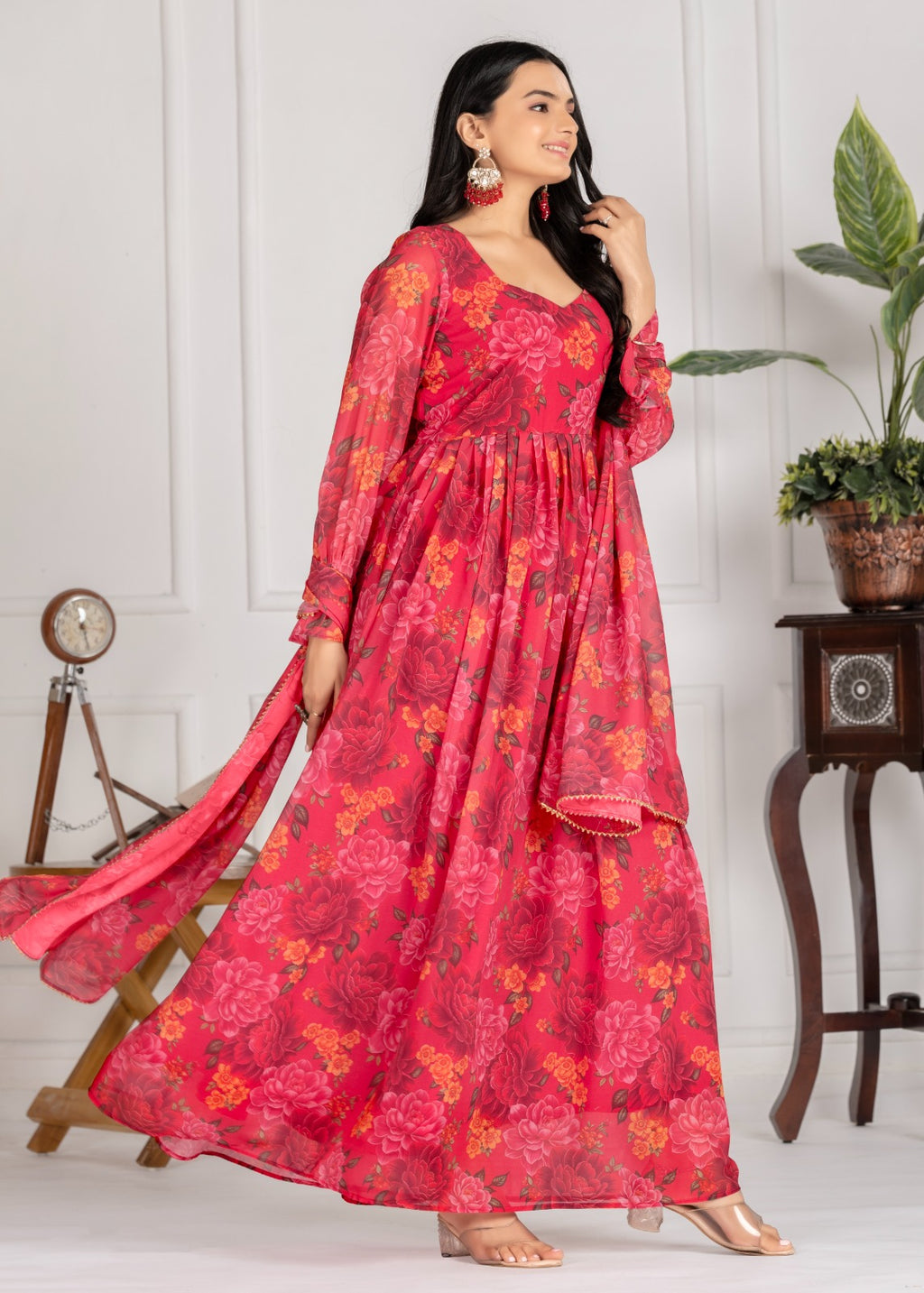 Elegant Floral Red Georgette Anarkali Gown for Women