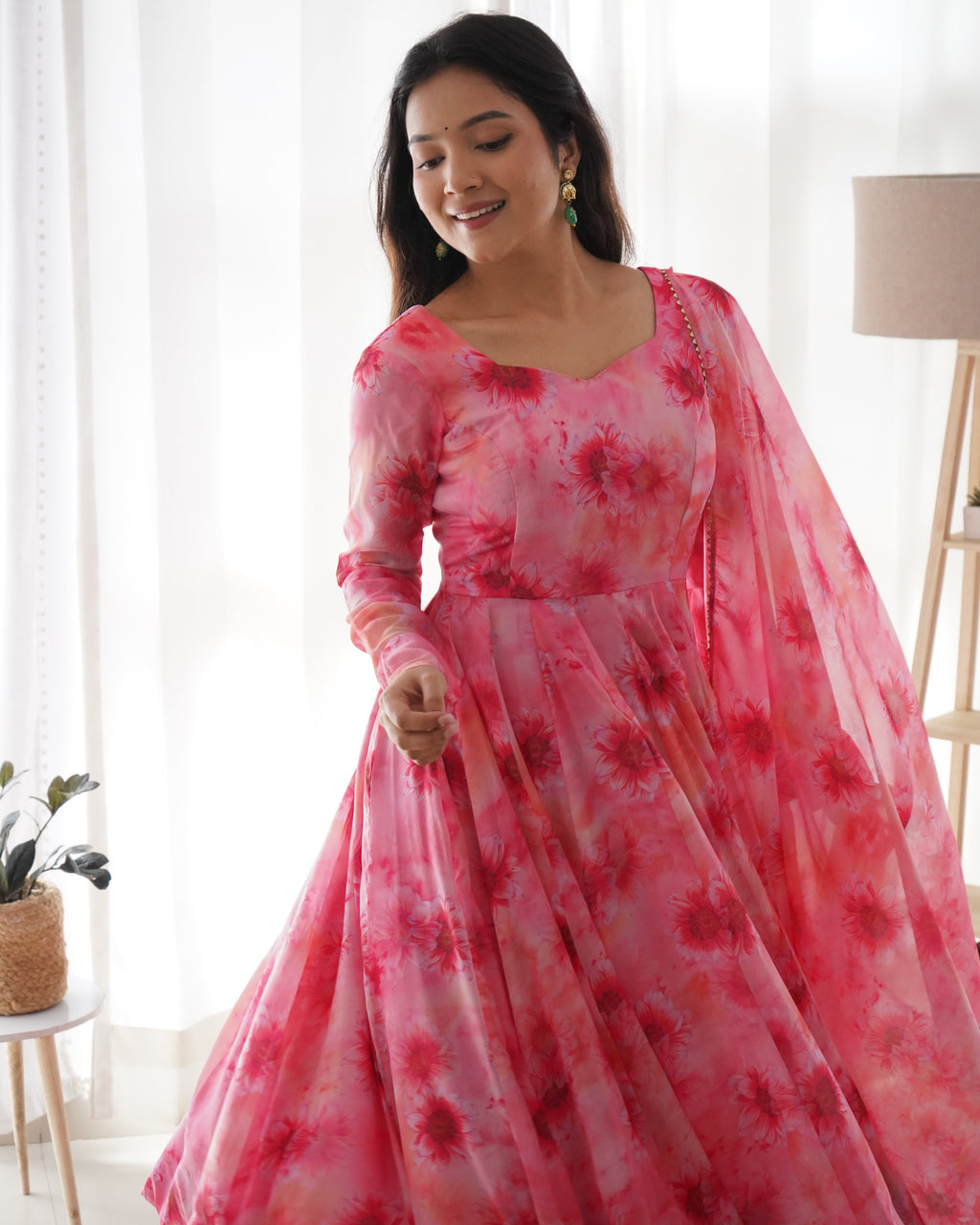 Pure Soft Organza Gown With Huge Flair, Dupatta & Pant