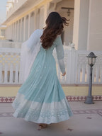 Pastel Blue Embroidered Anarkali with White Dupatta