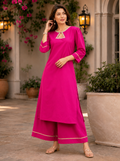 ANVERI Women’s Pink Solid Kurta with Palazzo Pants | Elegant Ethnic Co-Ord Set | Stylish 3/4 Sleeves Traditional Casual Wear