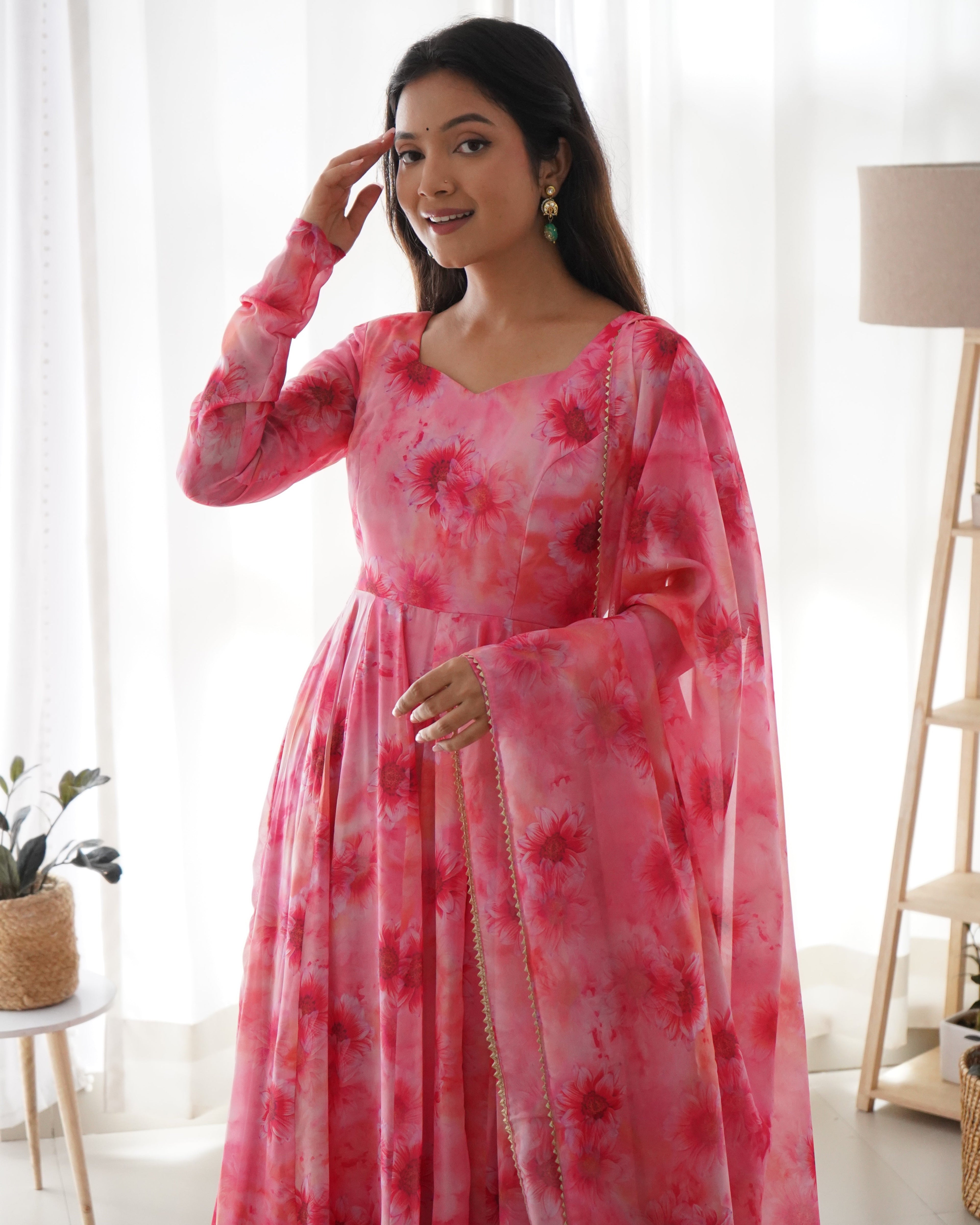 Pure Soft Organza Gown With Huge Flair, Dupatta & Pant