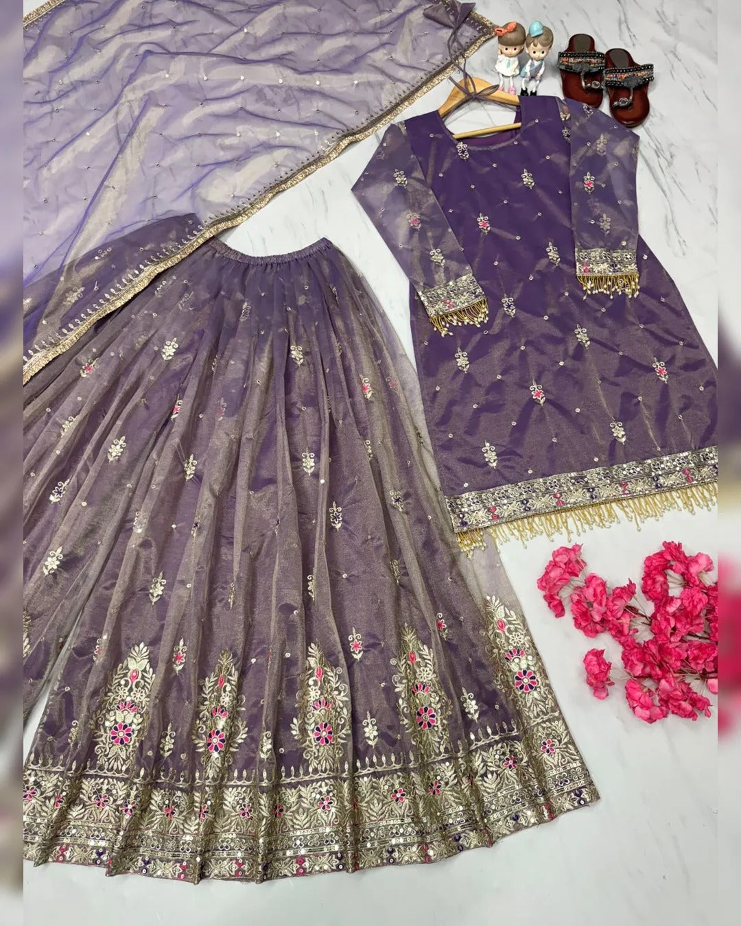 Anveri  Textiles Purple Net Embroidered Kurti Sharara Dupatta Set for Women – Round Neck, 3/4th Sleeves, Above Knee Length Kurta – Ethnic Party Wear Dress Ensemble