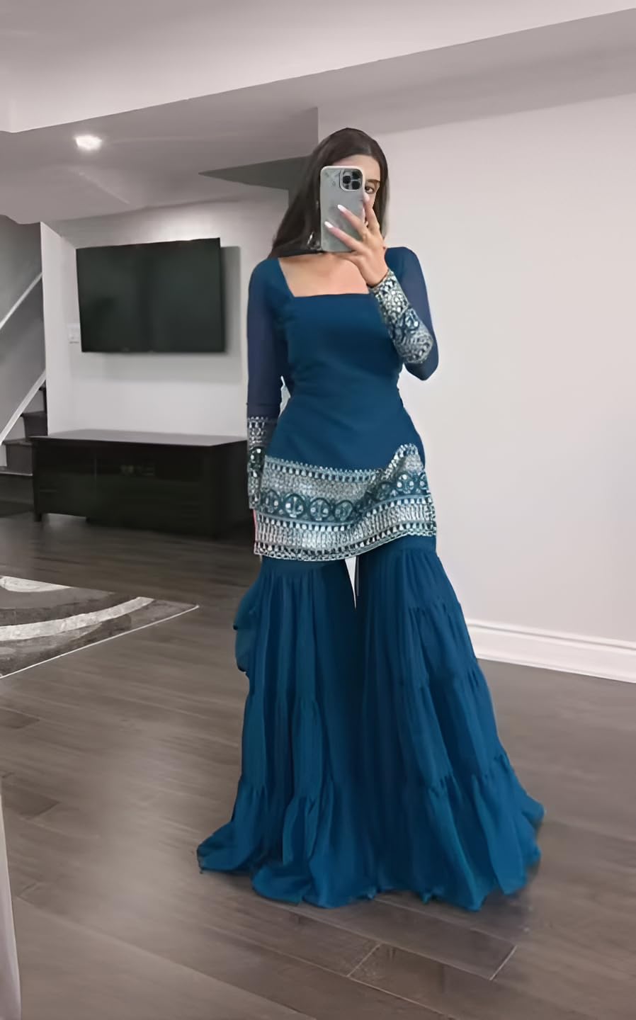 Anveri Women Solid Teal Kurta Palazzo Set with Dupatta | Embroidered Party Wear Ethnic Suit