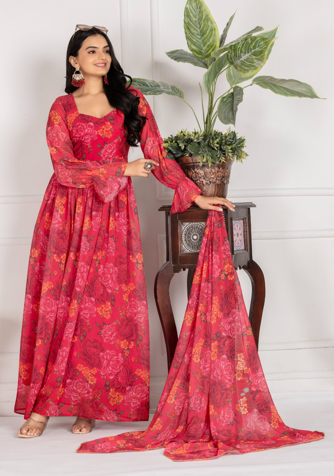 Elegant Floral Red Georgette Anarkali Gown for Women