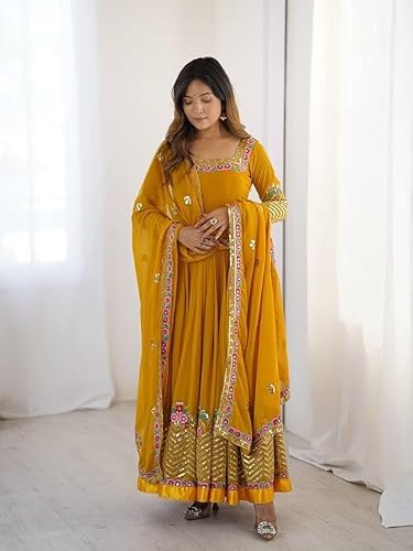 anveri Women's Embroidered Faux Georgette Anarkali Gown with Dupatta | Party Wear Ethnic Gown Set