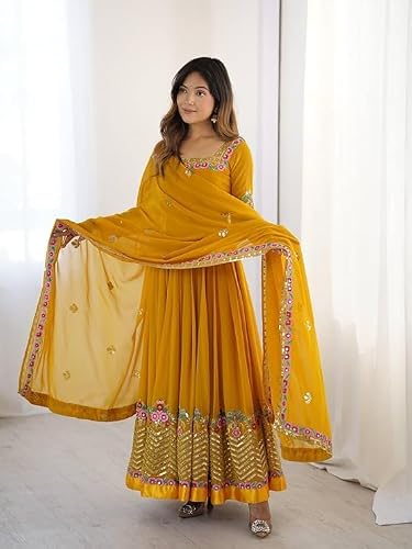 anveri Women's Embroidered Faux Georgette Anarkali Gown with Dupatta | Party Wear Ethnic Gown Set