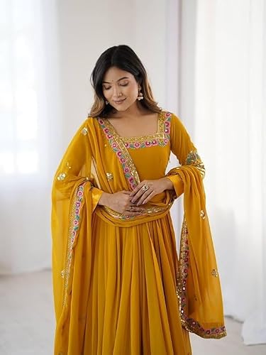 anveri Women's Embroidered Faux Georgette Anarkali Gown with Dupatta | Party Wear Ethnic Gown Set