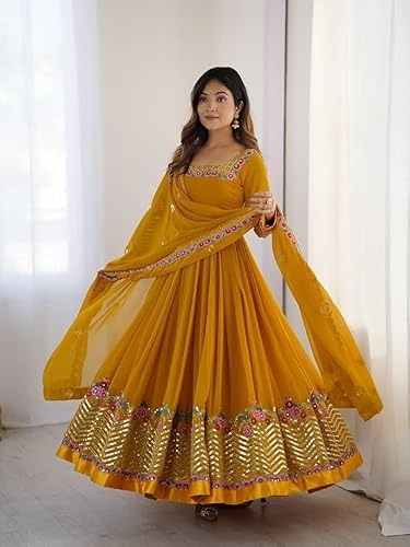 anveri Women's Embroidered Faux Georgette Anarkali Gown with Dupatta | Party Wear Ethnic Gown Set