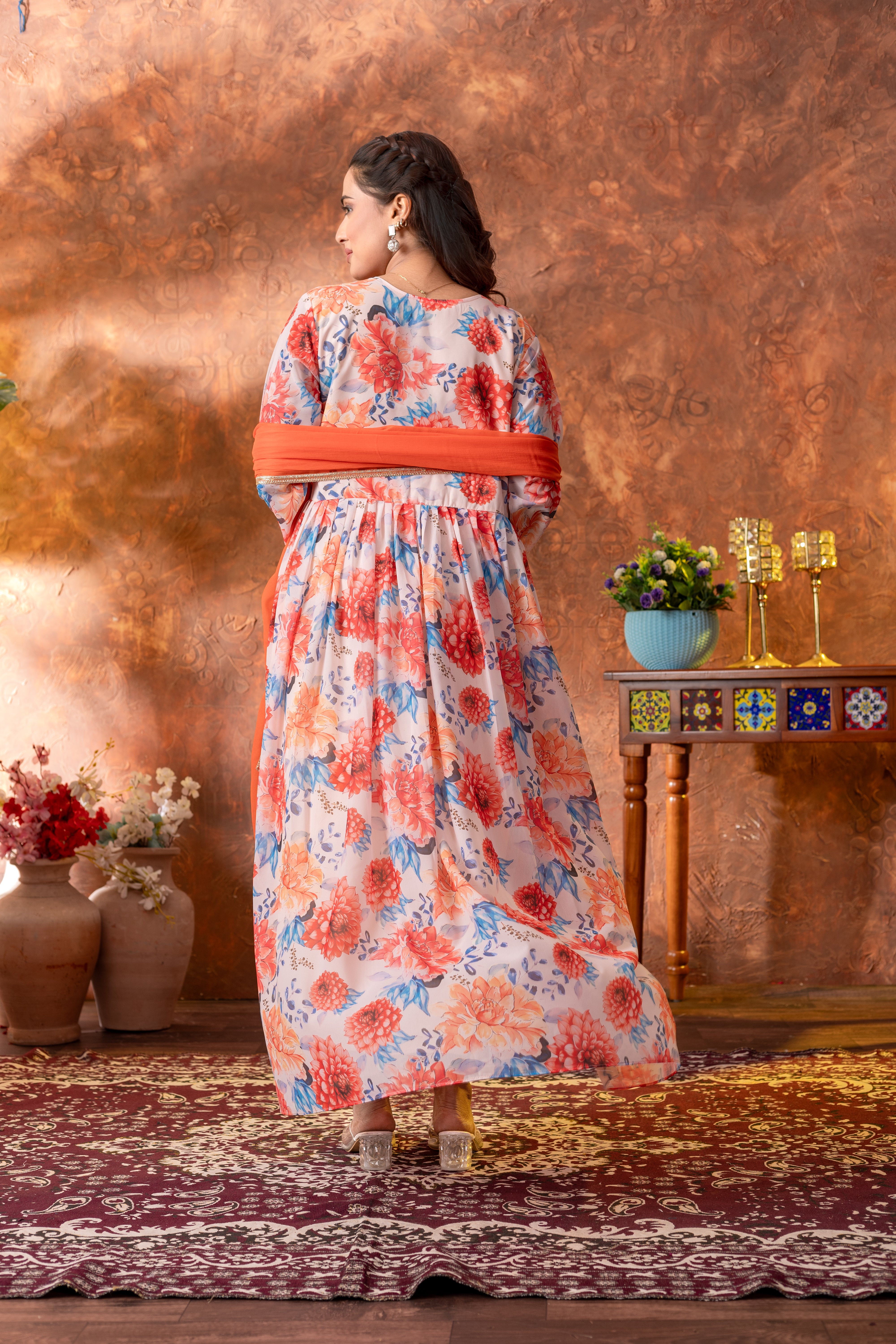 Floral White Georgette Gown with Orange Dupatta