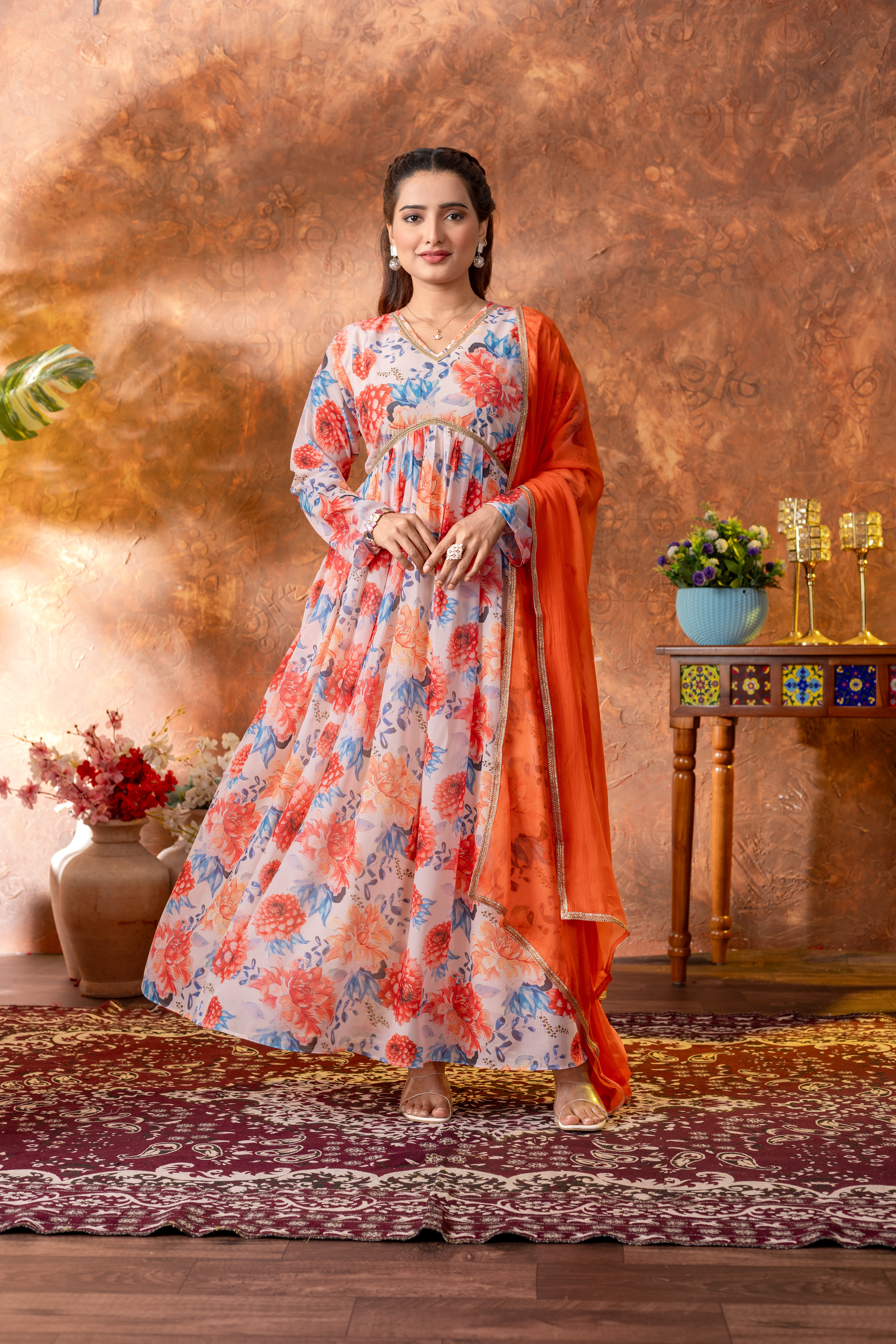 Floral White Georgette Gown with Orange Dupatta