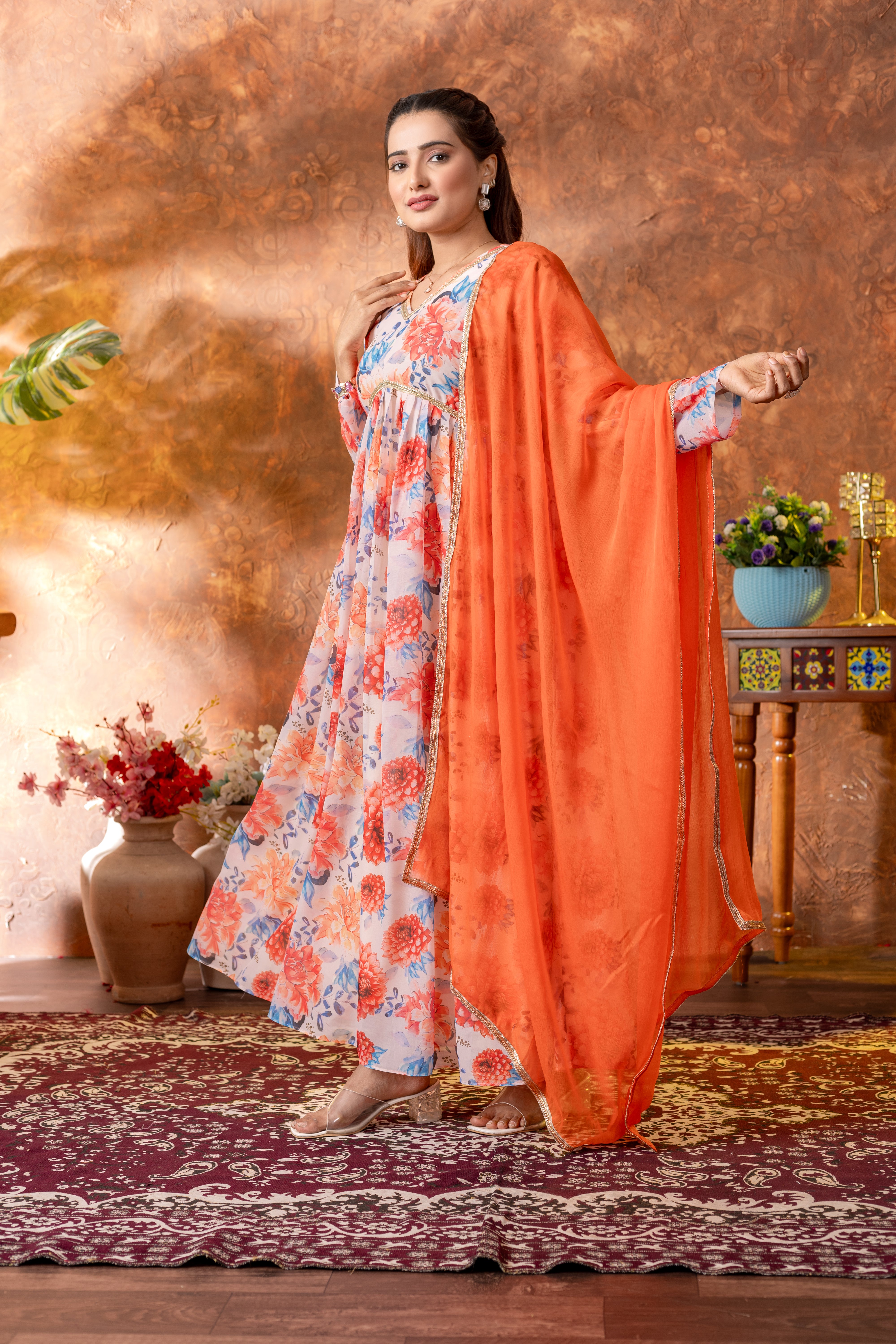 Floral White Georgette Gown with Orange Dupatta