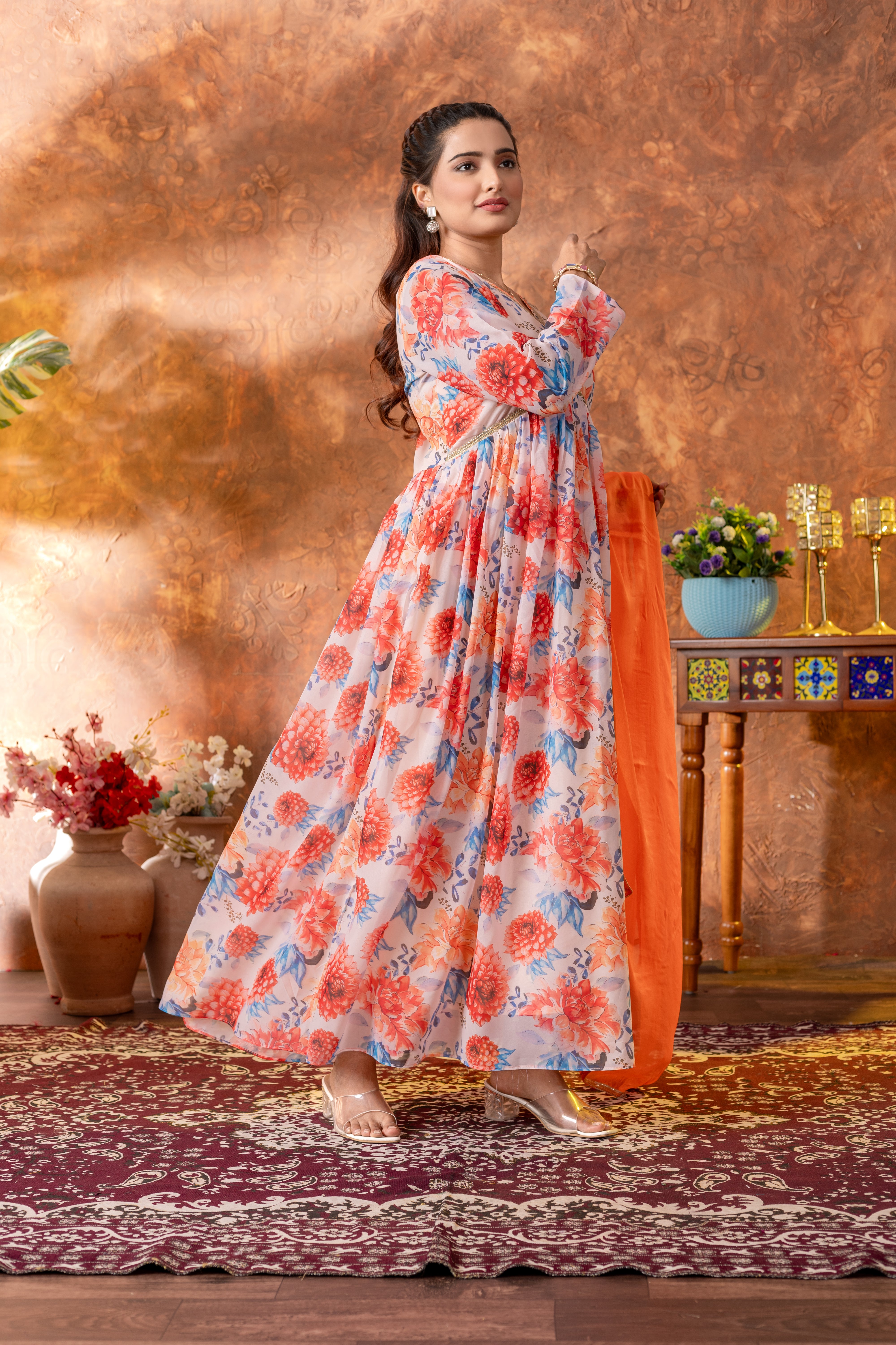 Floral White Georgette Gown with Orange Dupatta