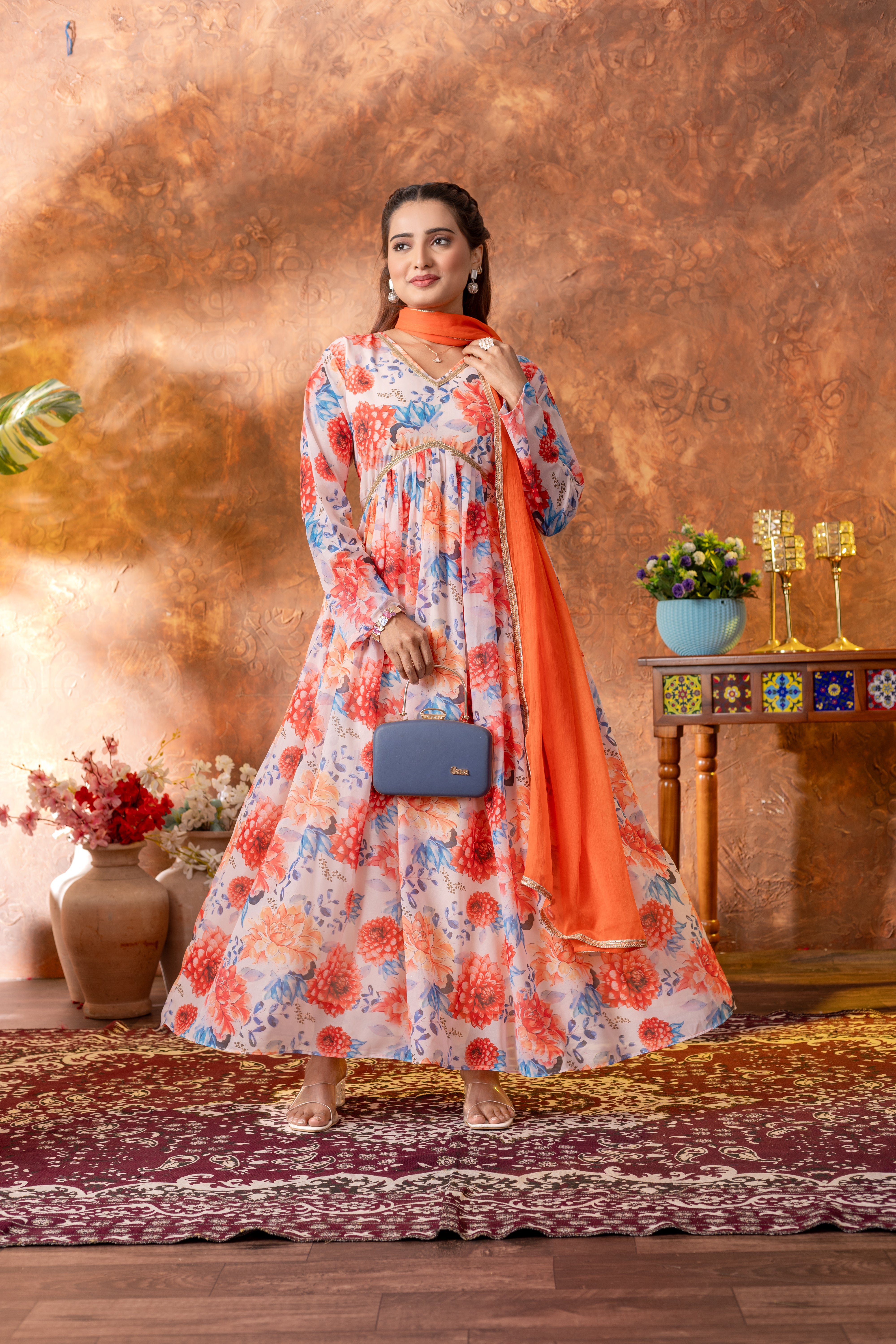 Floral White Georgette Gown with Orange Dupatta