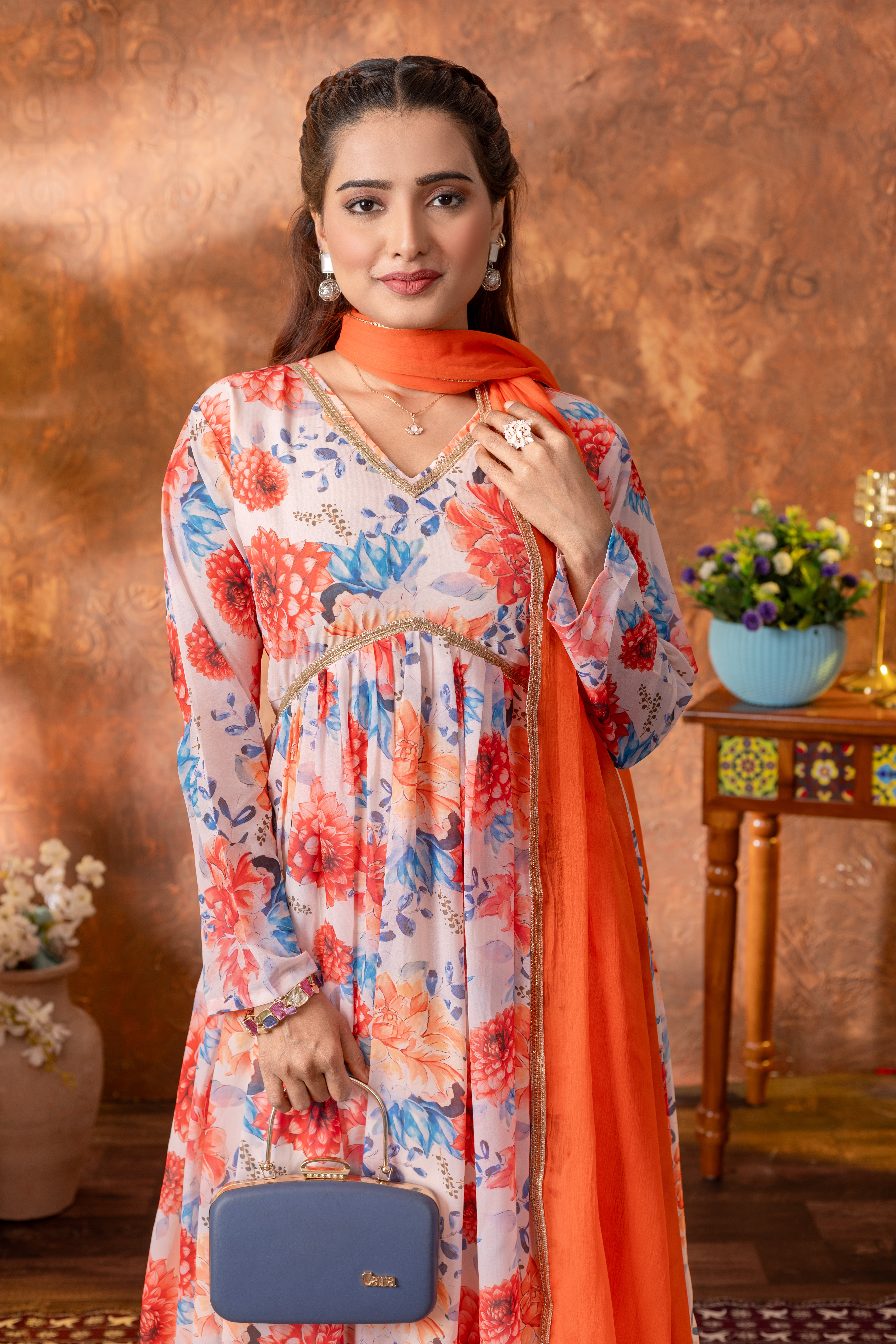 Floral White Georgette Gown with Orange Dupatta
