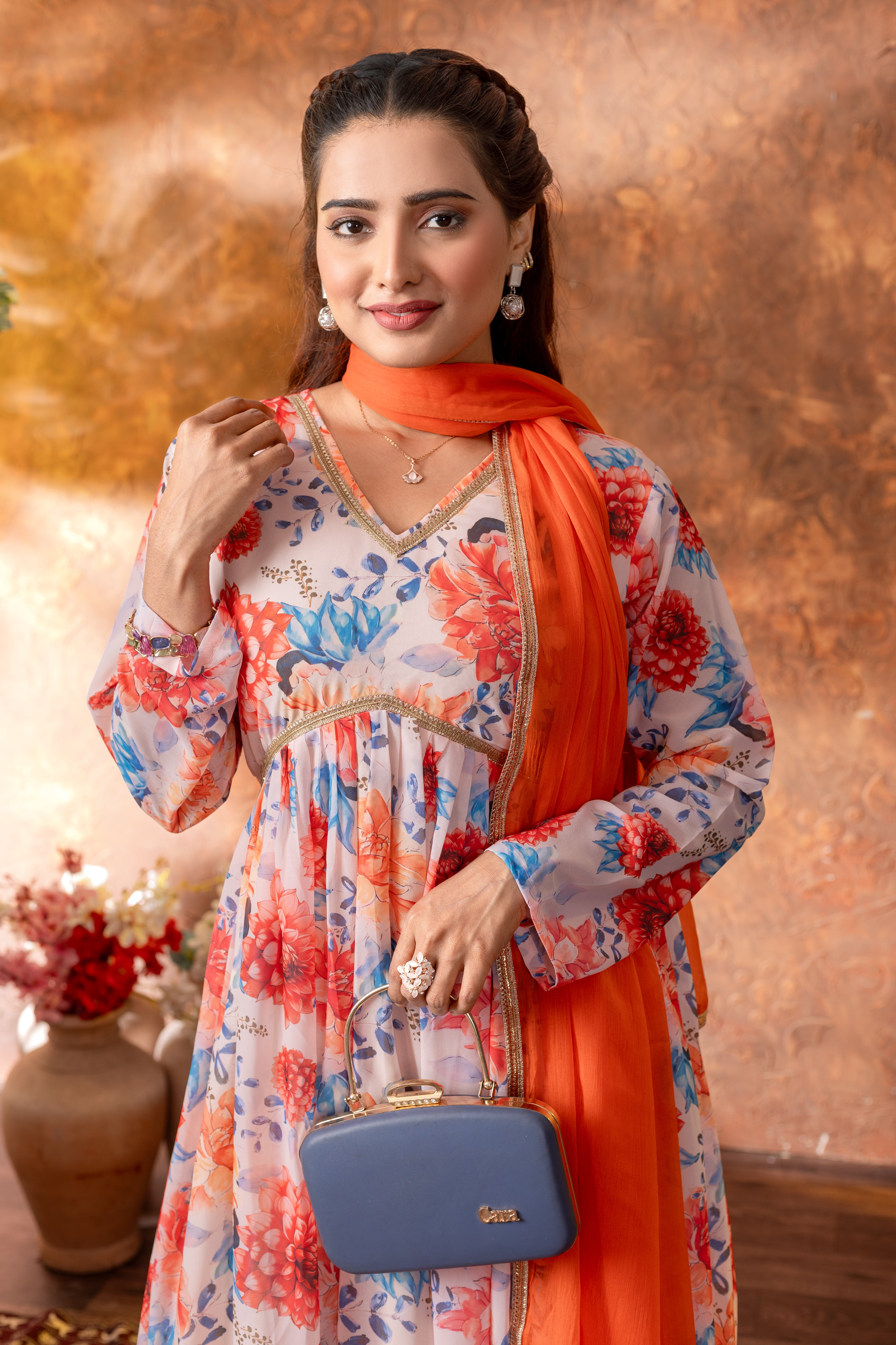 Floral White Georgette Gown with Orange Dupatta
