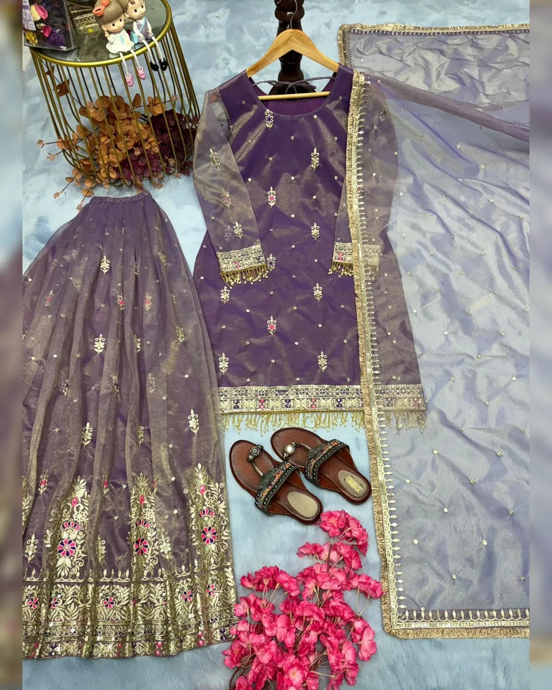 Anveri  Textiles Purple Net Embroidered Kurti Sharara Dupatta Set for Women – Round Neck, 3/4th Sleeves, Above Knee Length Kurta – Ethnic Party Wear Dress Ensemble