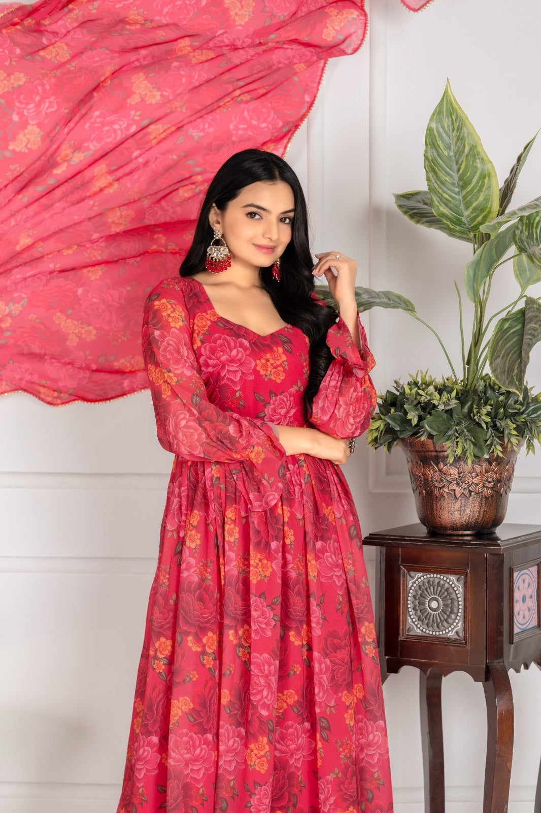 Elegant Floral Red Georgette Anarkali Gown for Women
