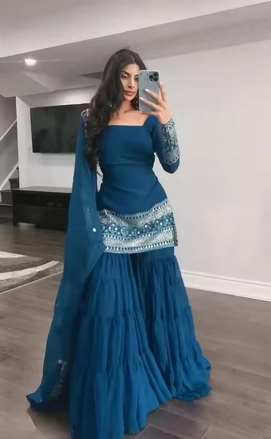 Anveri Women Solid Teal Kurta Palazzo Set with Dupatta | Embroidered Party Wear Ethnic Suit