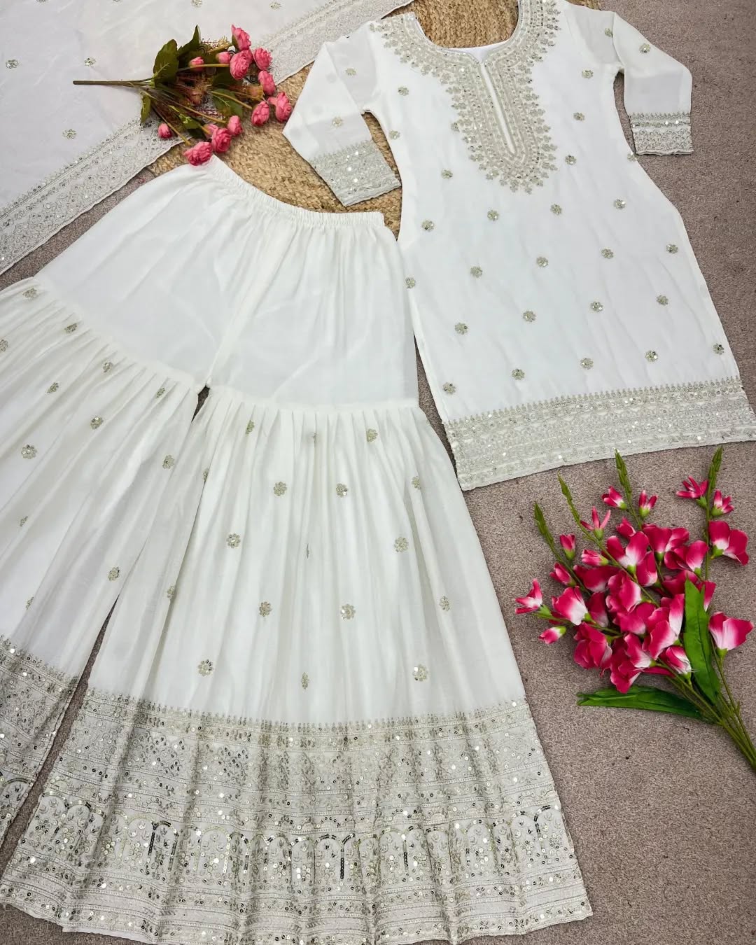 Royal White Embellished Sharara Set with Dupatta