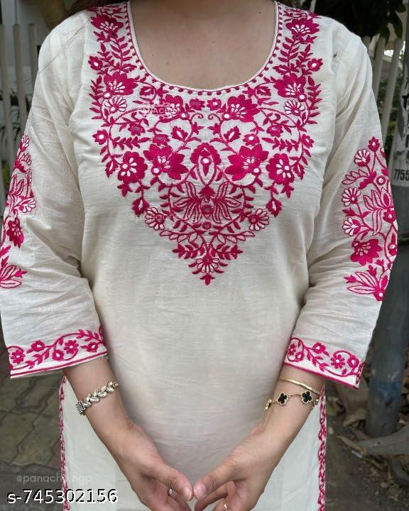 Anveri Women Cream & Pink Floral Embroidered Kurta Set with Dupatta | Ethnic Wear Straight Kurta Pant Set for Festive, Party & Daily Wear
