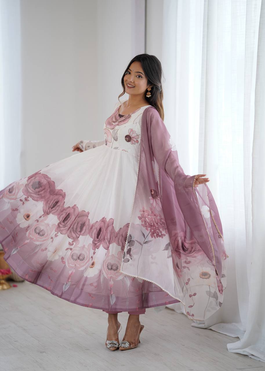 Women’s Floral Printed Anarkali Dress with Dupatta, Full Sleeves & Flared Ethnic Design