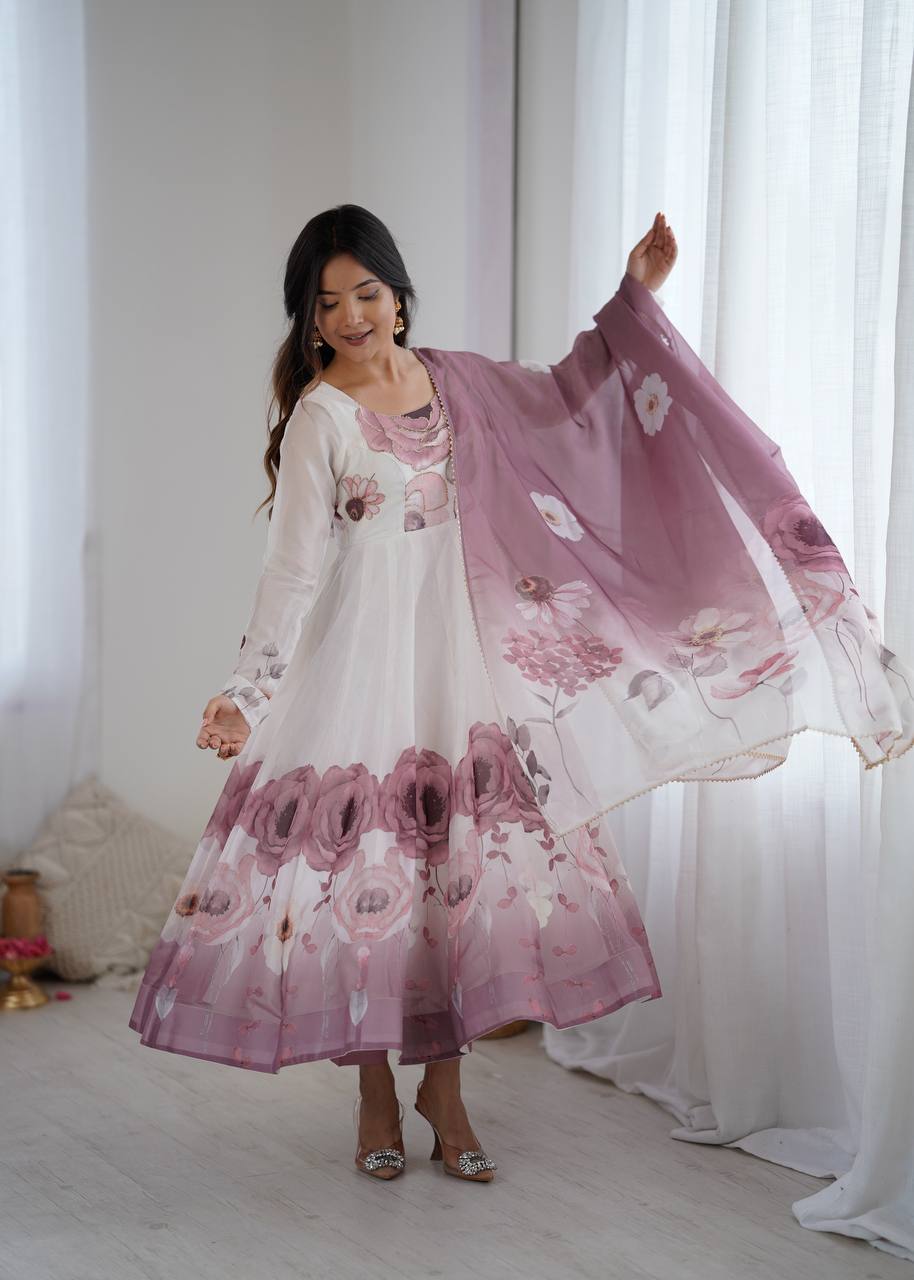 Women’s Floral Printed Anarkali Dress with Dupatta, Full Sleeves & Flared Ethnic Design