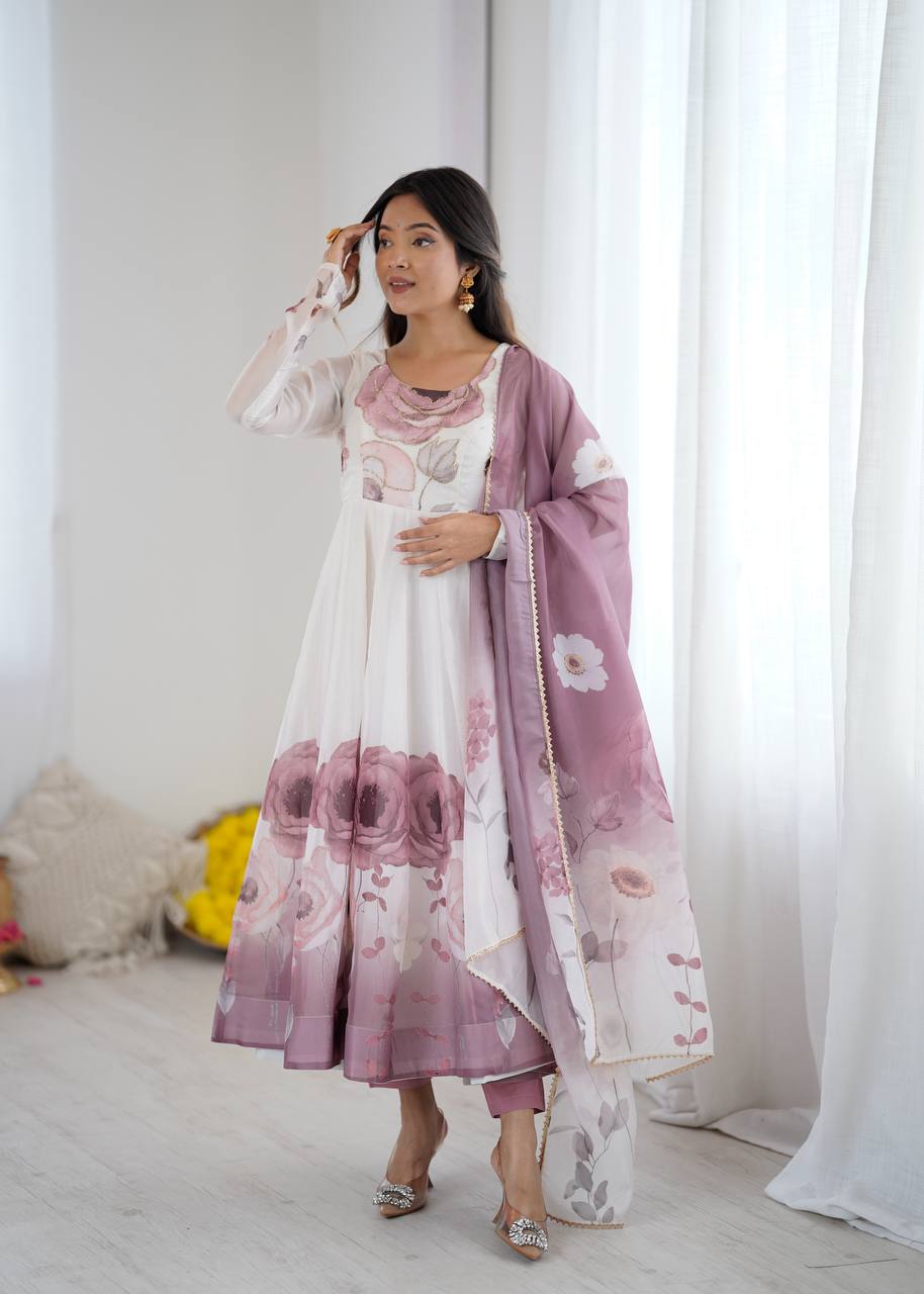 Women’s Floral Printed Anarkali Dress with Dupatta, Full Sleeves & Flared Ethnic Design