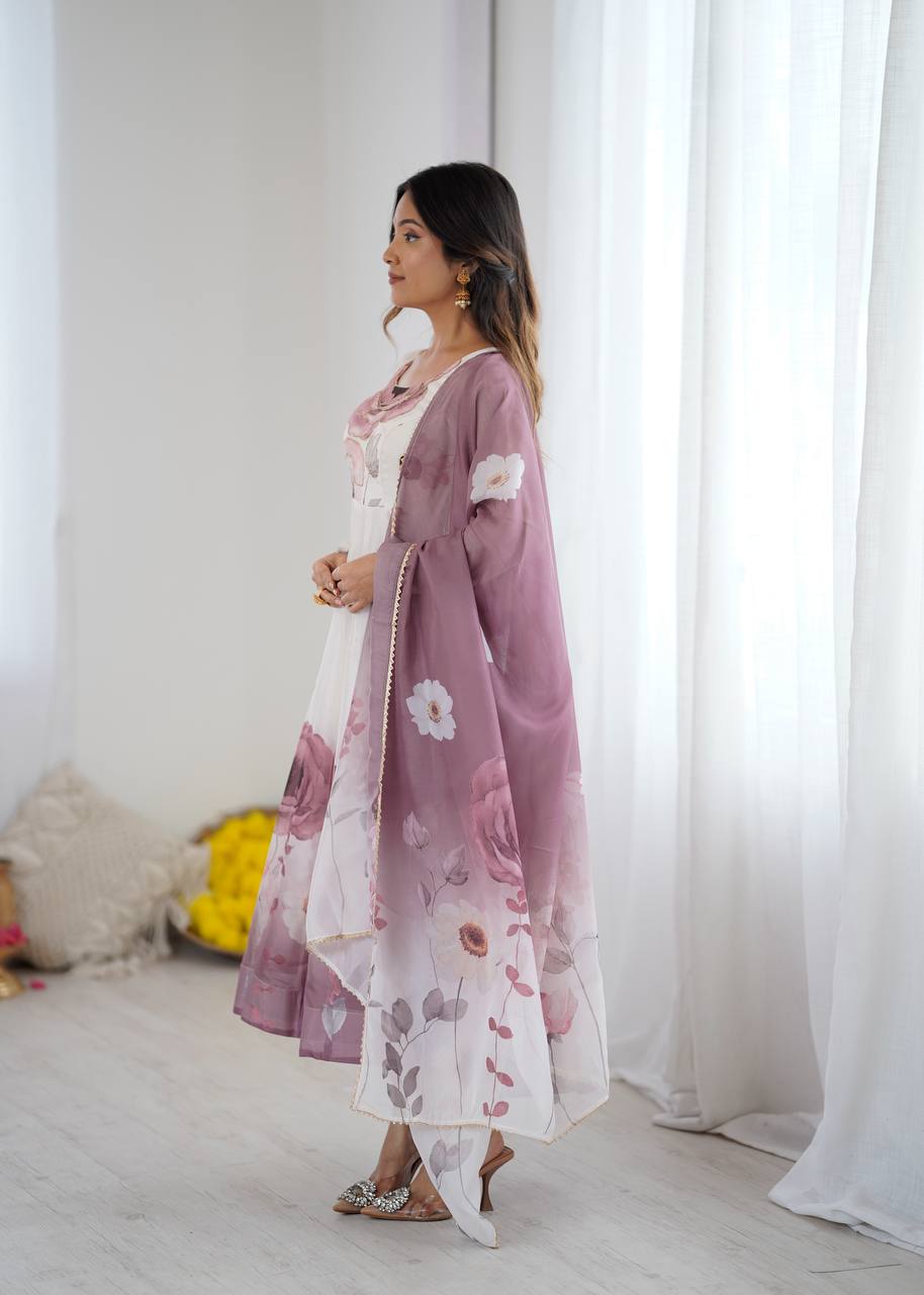 Women’s Floral Printed Anarkali Dress with Dupatta, Full Sleeves & Flared Ethnic Design